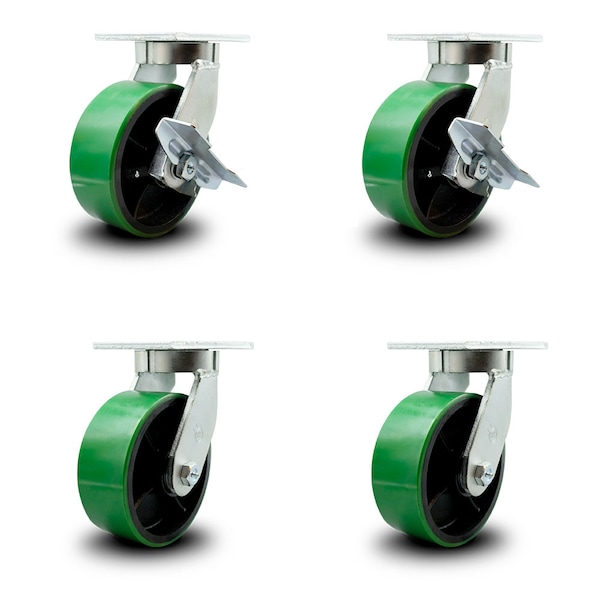 Service Caster 8 Inch Heavy Duty Green Poly on Cast Iron Caster Swivel Locks 2 Brakes, 4PK SCC-KP92S830-PUR-GB-SLB-BSL-2-BSL-2 - main